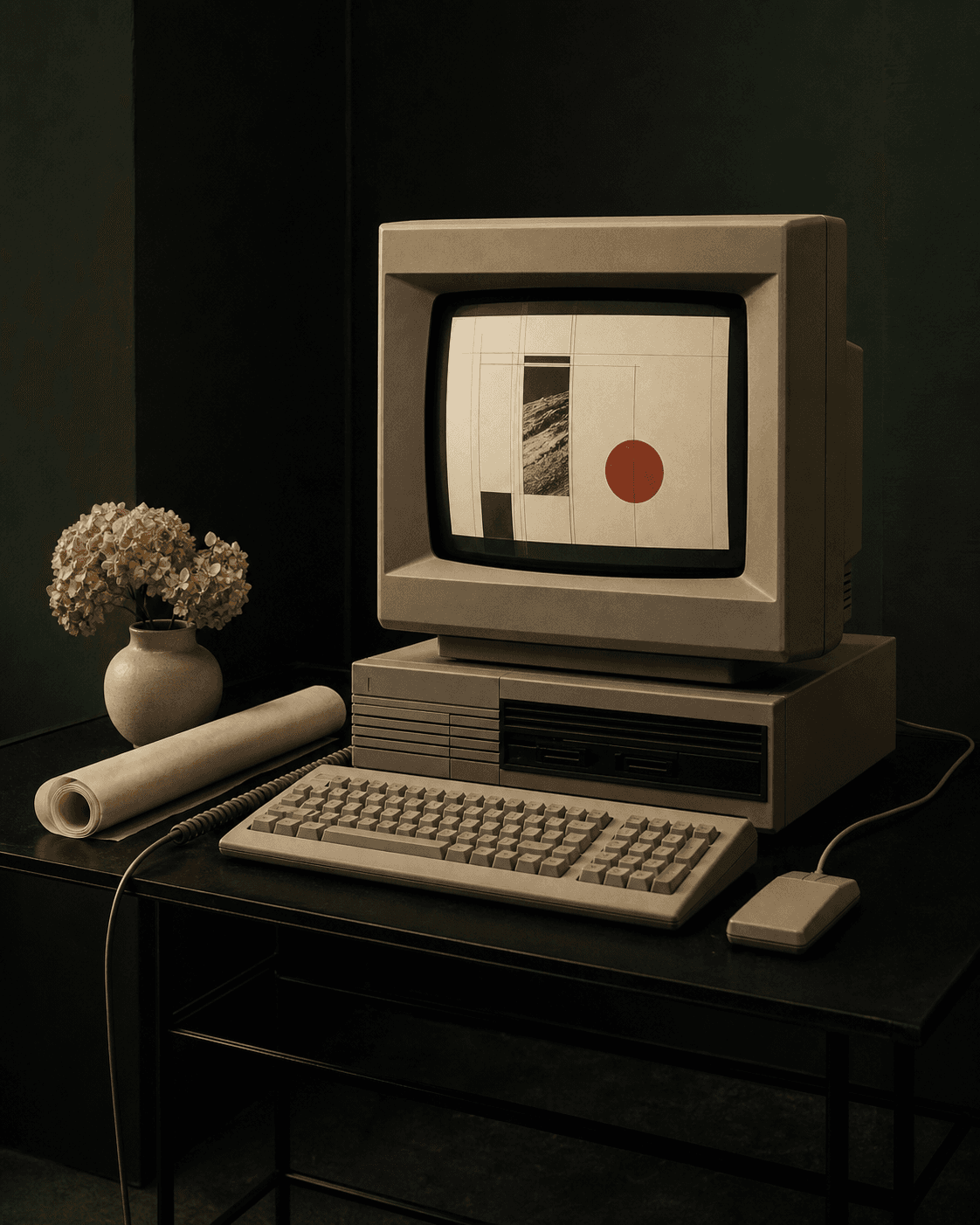 A vintage workstation in a dark green design studio