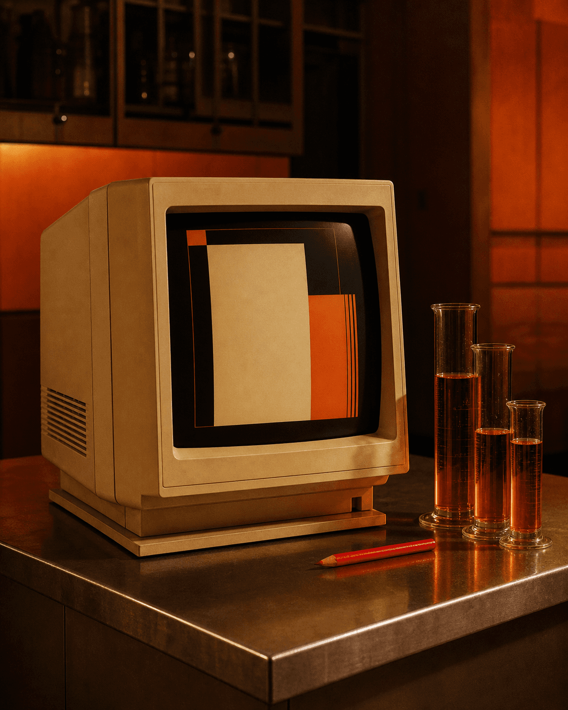 A vintage cream monitor in an amber testing room